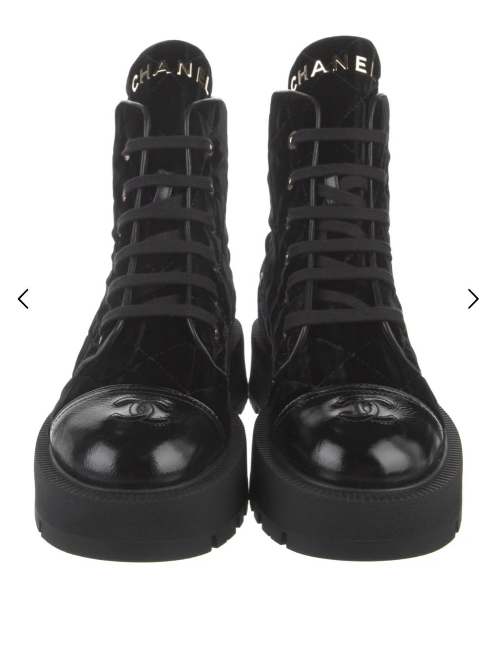 CHANEL Black Quilted Lace-Up Platform Boots with CC Cap Toe